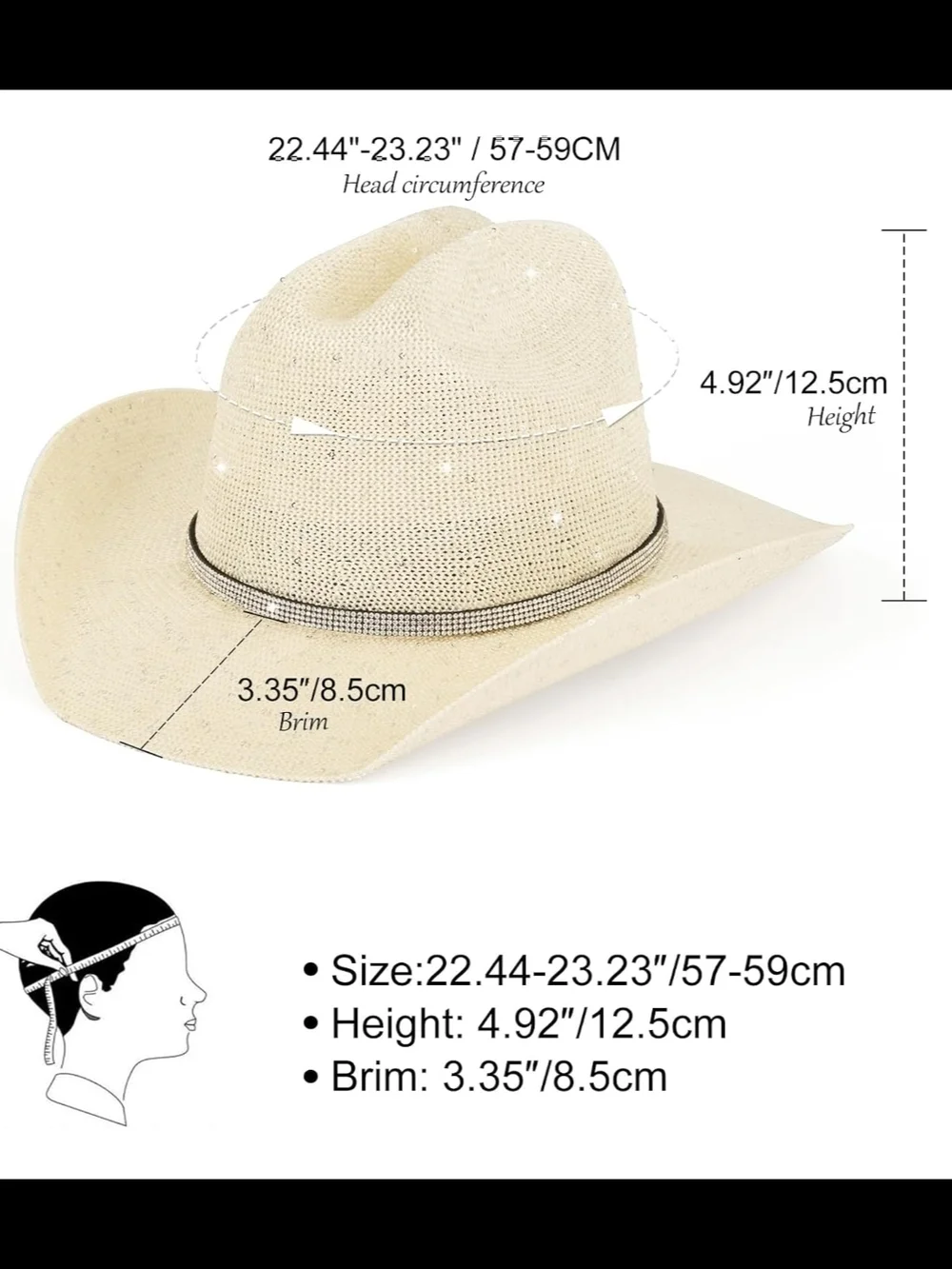 Women’s Bling Straw Cowboy Hat - Cream - Picture 4 of 6